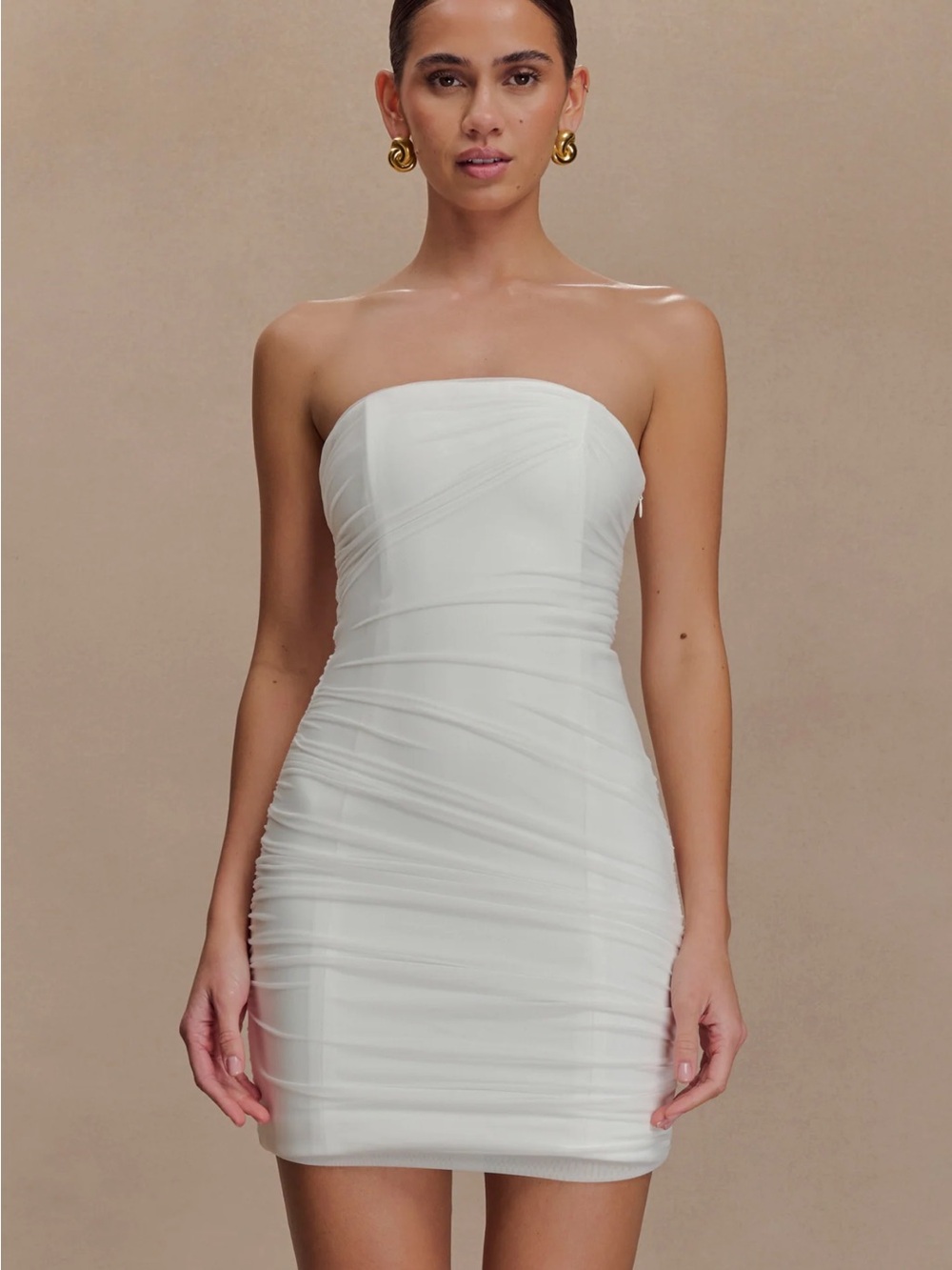 Meshki White Strapless Ruched Mini Dress